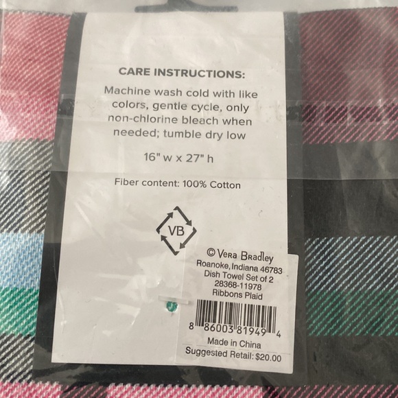 Vera Bradley set of 2 towels in ribbons plaid - Picture 3 of 3